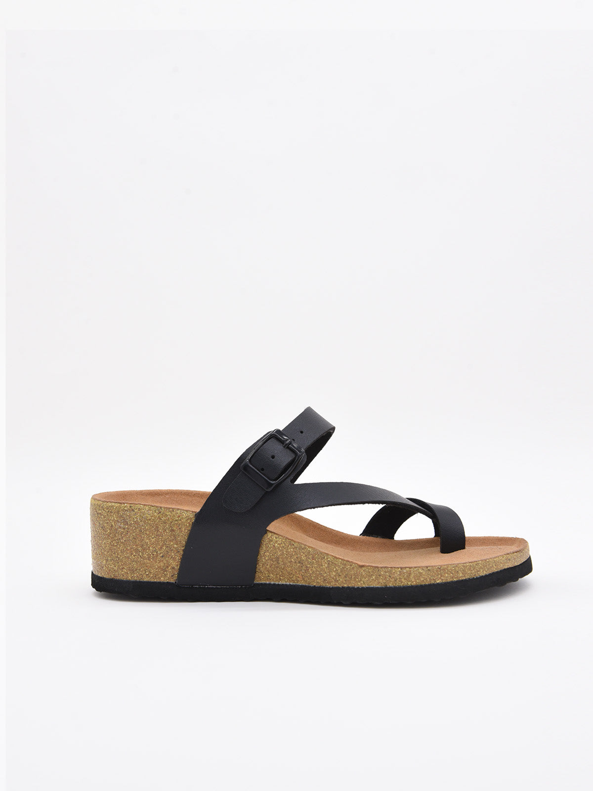 Sandalias de dedo negras con cuña y plantilla anatómica para máximo confort diario.