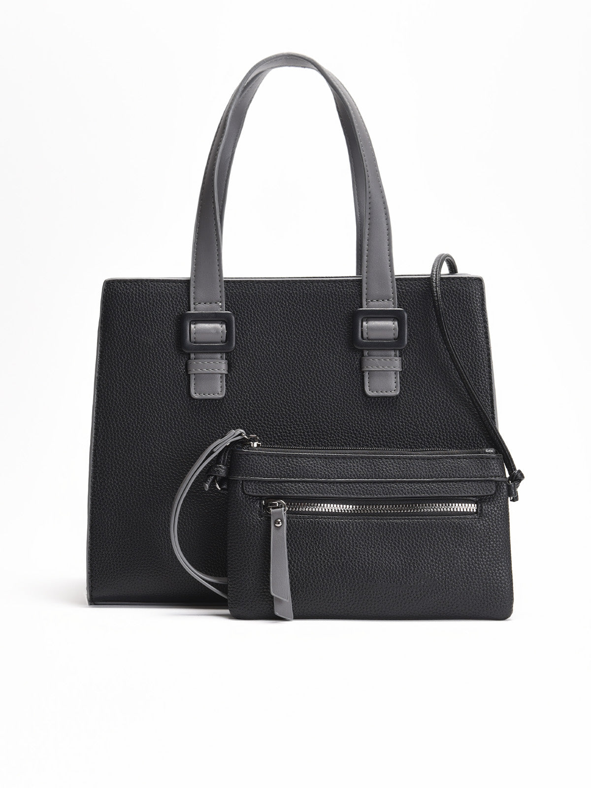 Bolso de mano estructurado en negro con asas dobles en gris, correa ajustable y bolso extraíble a juego con cremallera frontal.