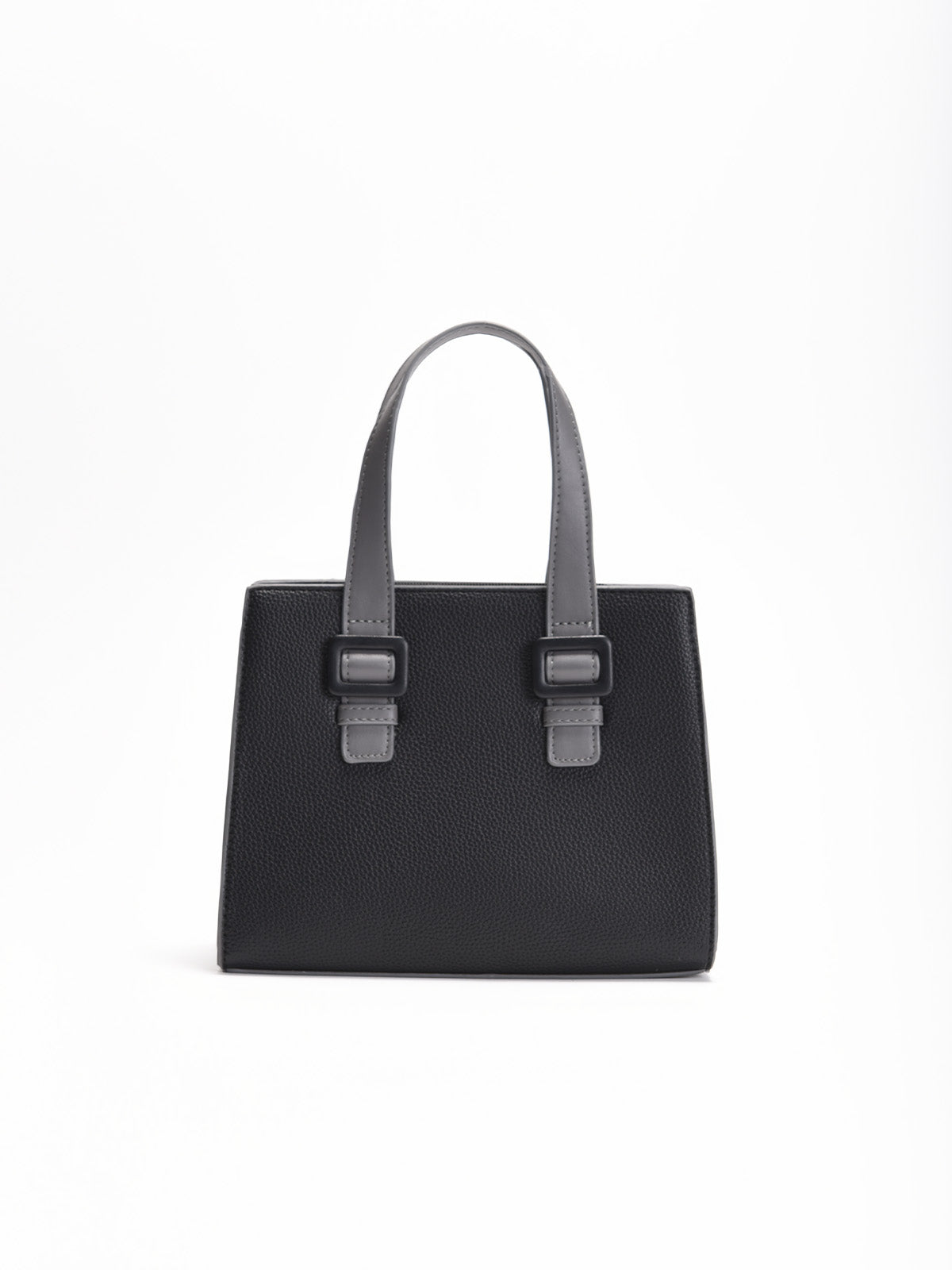 Bolso de mano estructurado en color negro con asas dobles grises, correa ajustable a juego y cierre superior con cremallera.