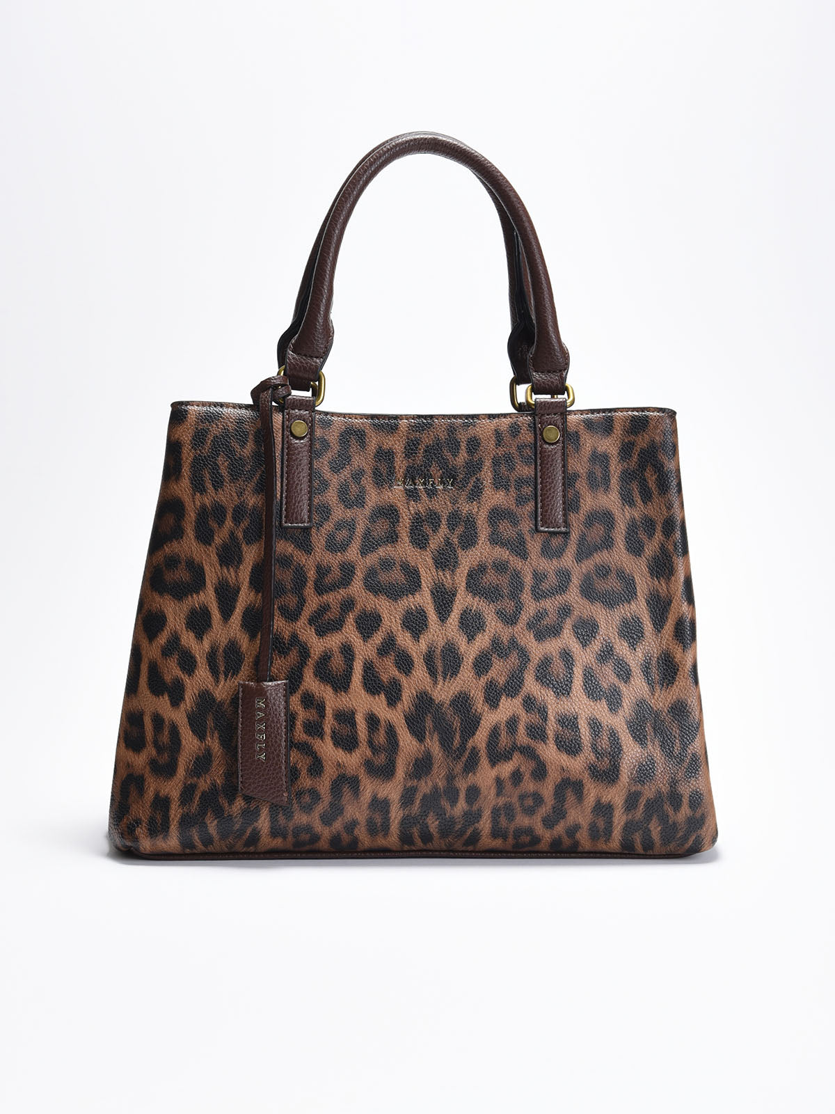 Bolso de mujer estilo shopper con estampado de leopardo en tonos marrones y asas de piel sintética oscura. Incluye correa ajustable y varios compartimentos interiores.