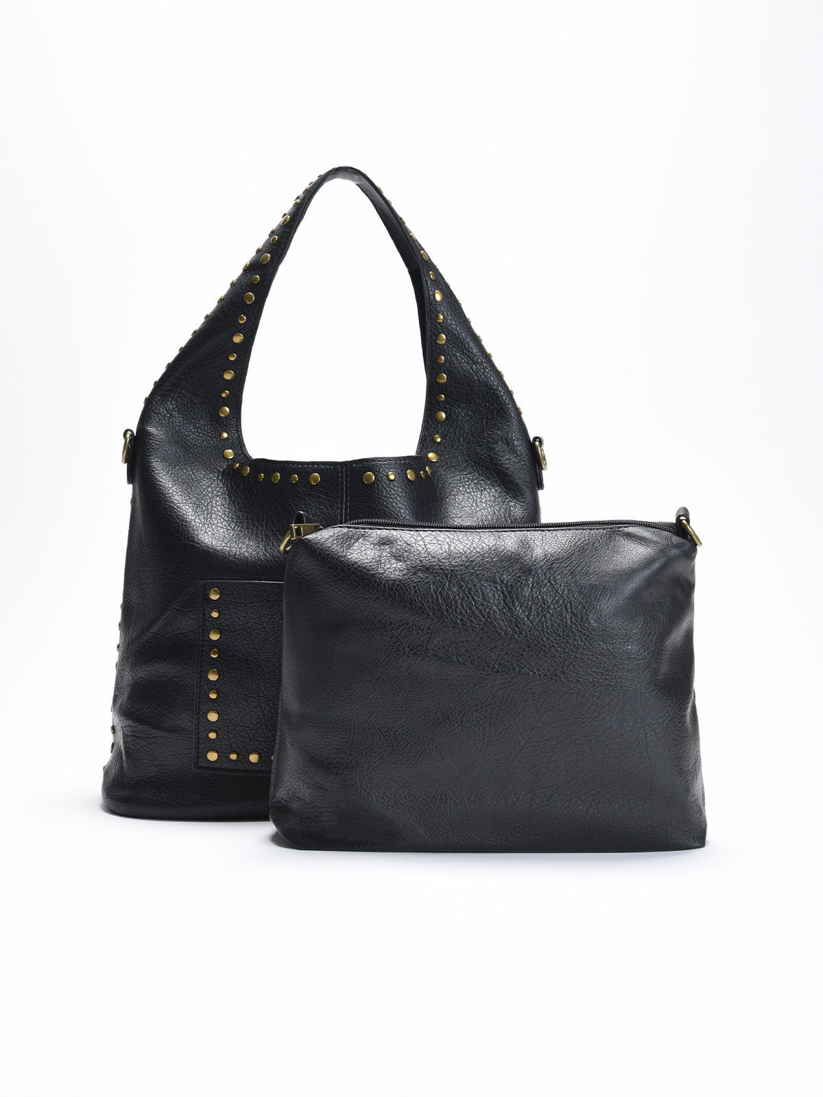 Bolso shopper de color negro con tachuelas doradas decorativas, de gran capacidad y con bolsillo extraíble a juego.