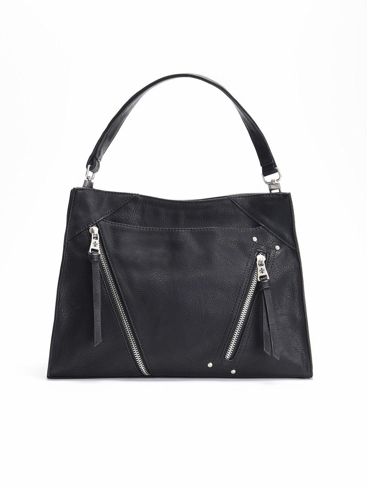 Bolso shopper de mujer en color negro con textura tipo piel, cremalleras decorativas plateadas en el frontal, asa corta y correa ajustable.