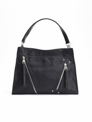 Bolso shopper de mujer en color negro con textura tipo piel, cremalleras decorativas plateadas en el frontal, asa corta y correa ajustable.