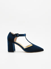 Zapato Elegante de Terciopelo Azul con tira en el empeine