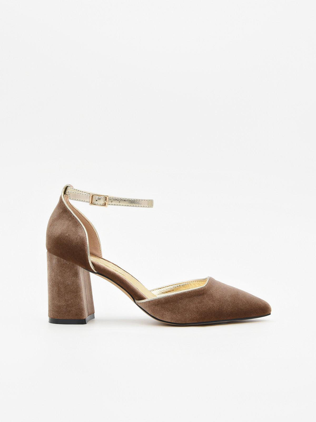 Zapato de Terciopelo Taupe con Ribete Dorado