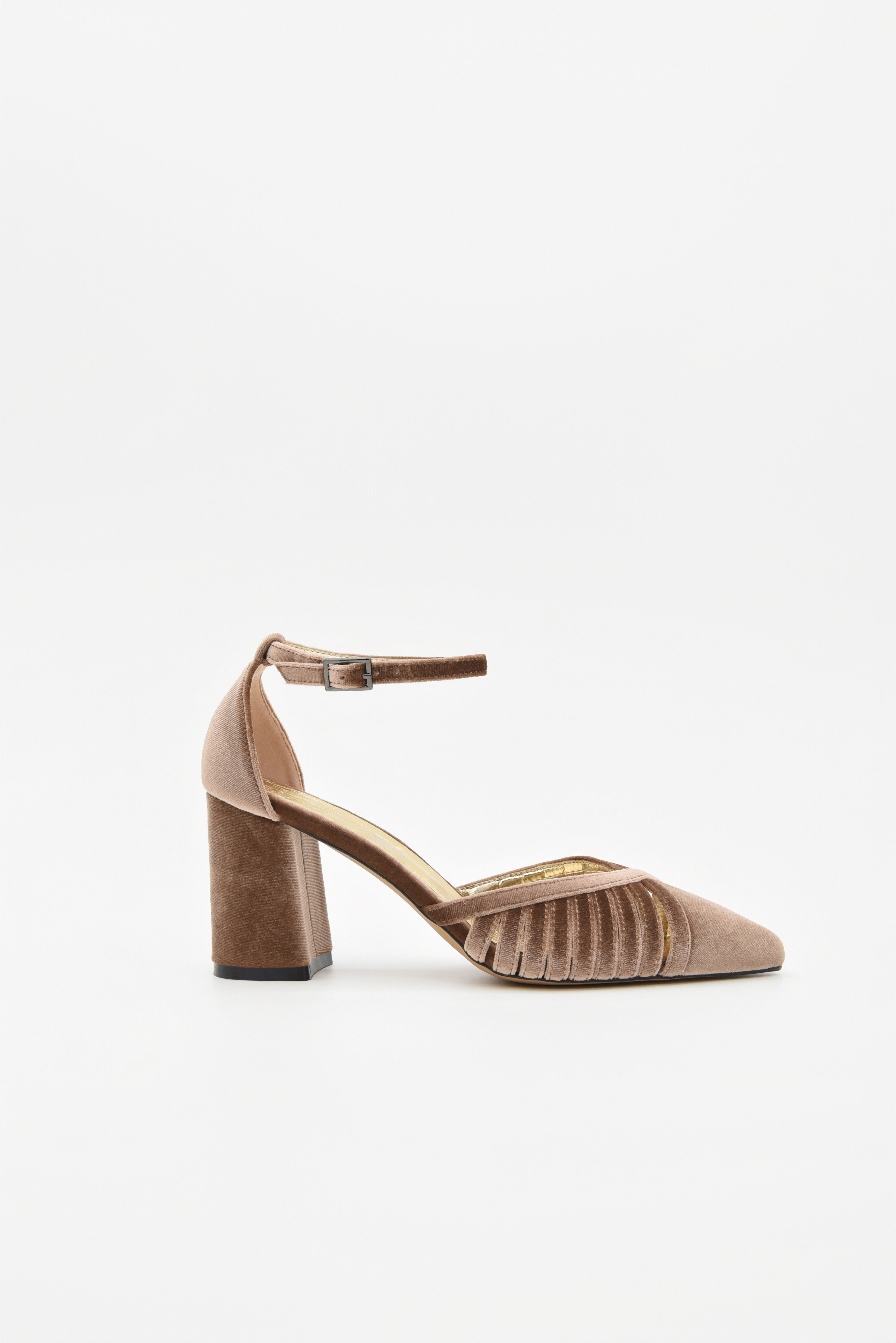 Zapatos de Salón de Terciopelo Taupe con Correa al Tobillo