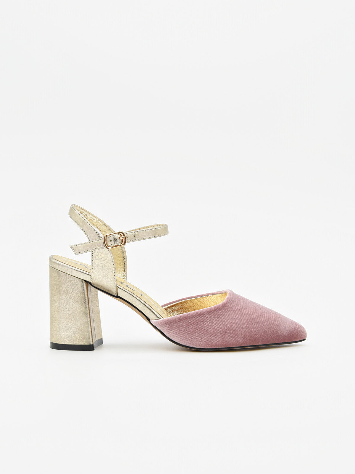 Zapato de Terciopelo Rosa con Tacón Dorado y correa