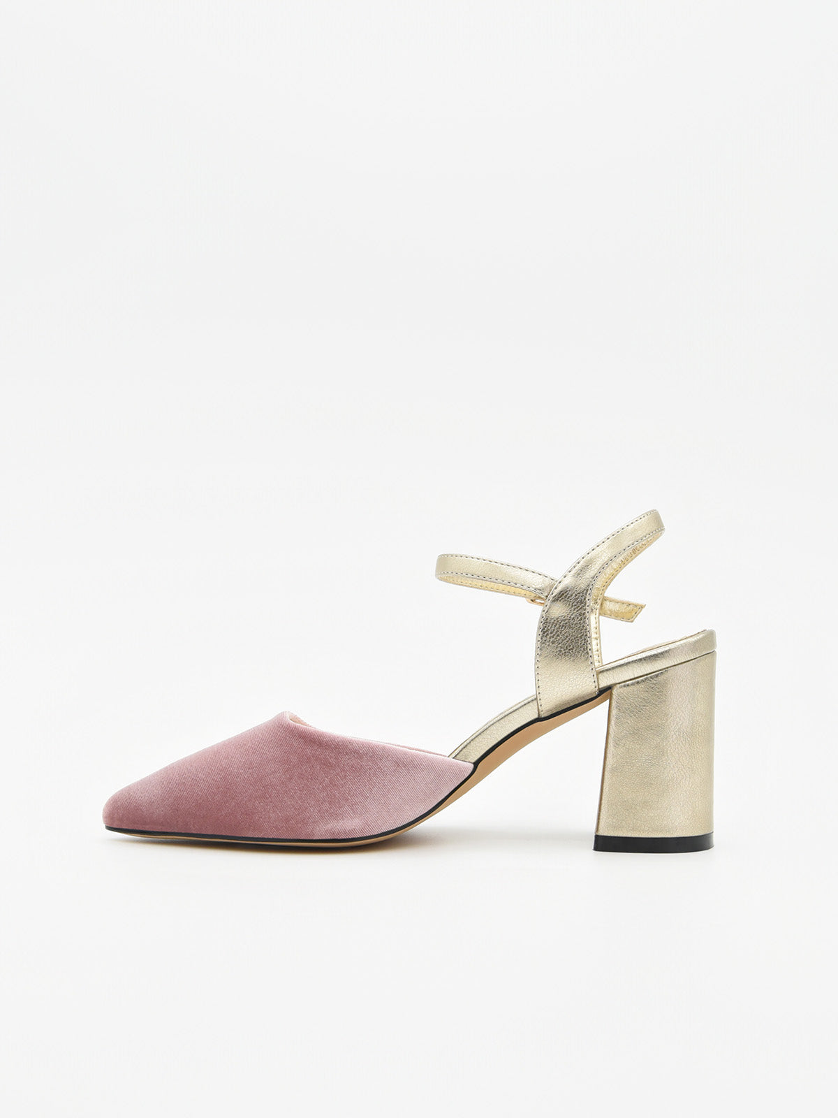 Zapato de Terciopelo Rosa con Tacón Dorado y correa