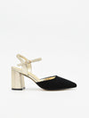 Zapatos de terciopelo negro con tacón dorado mujer