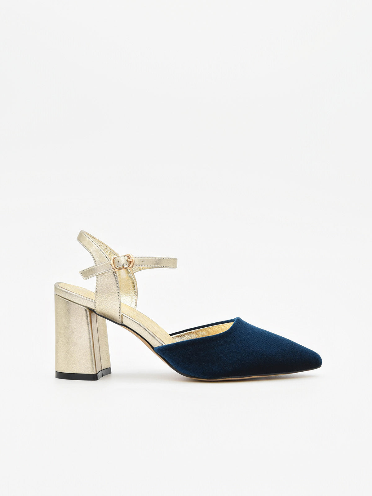 Zapato de Terciopelo Marino y tacón dorado