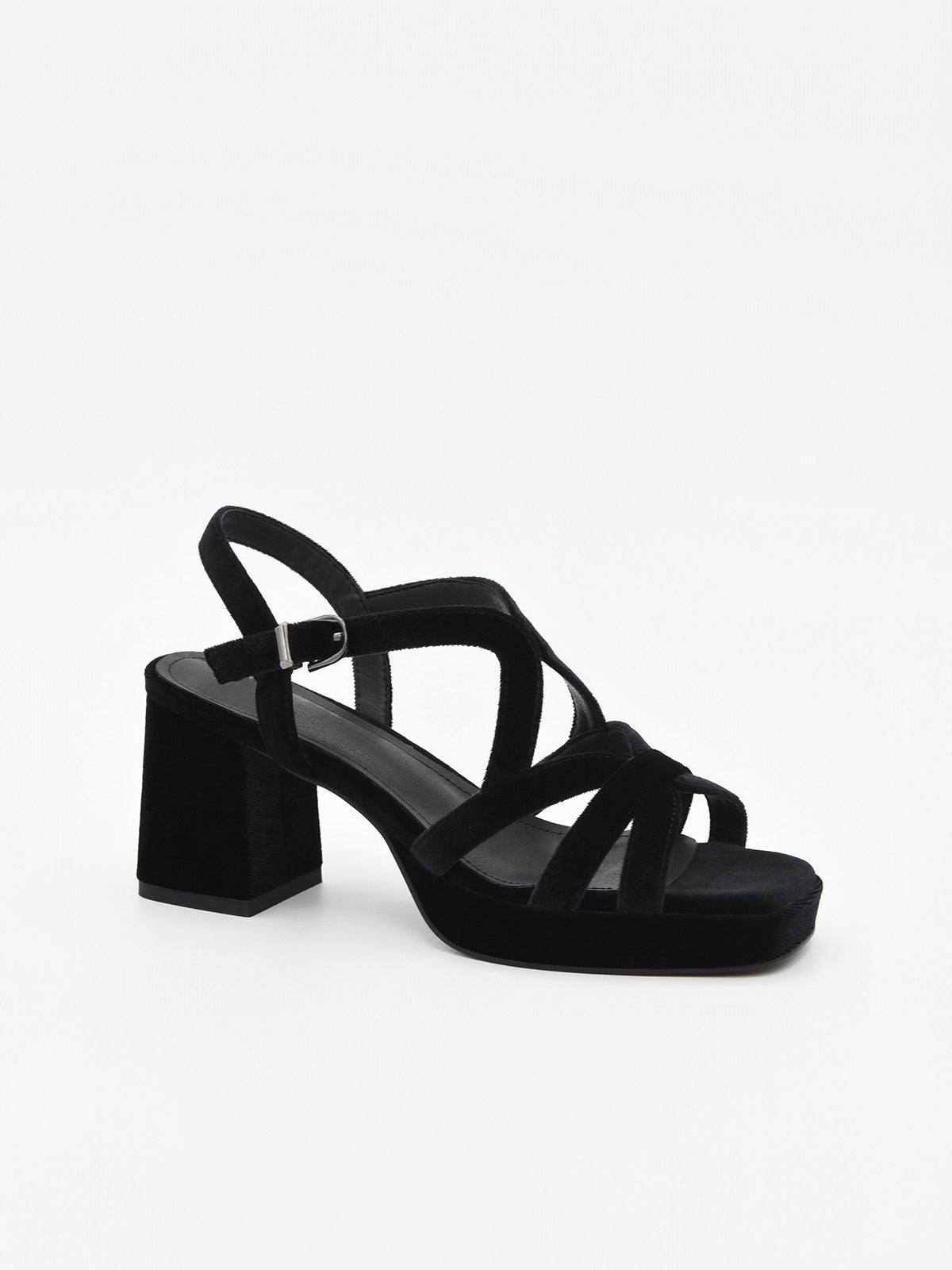 Sandalias Negras de Terciopelo con Tacón ancho y plataforma