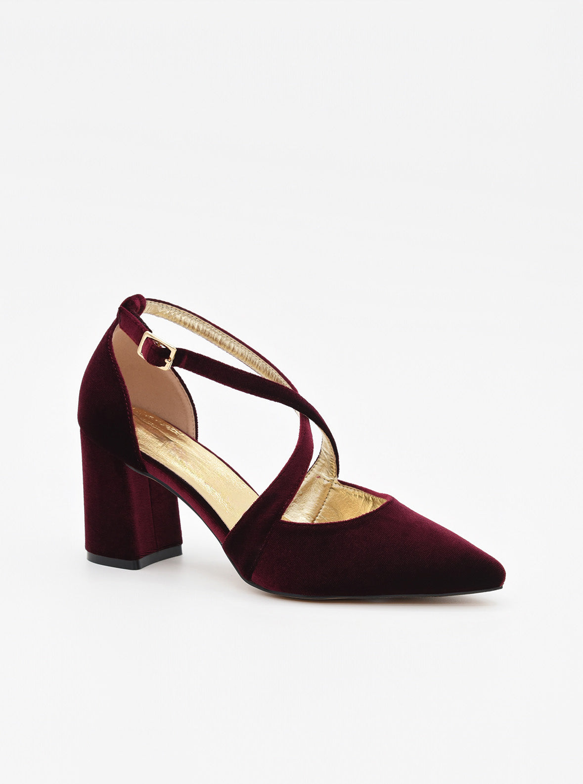 Zapato de fiesta de mujer en terciopelo burdeos, con punta afilada, tiras cruzadas y tacón ancho de altura media.