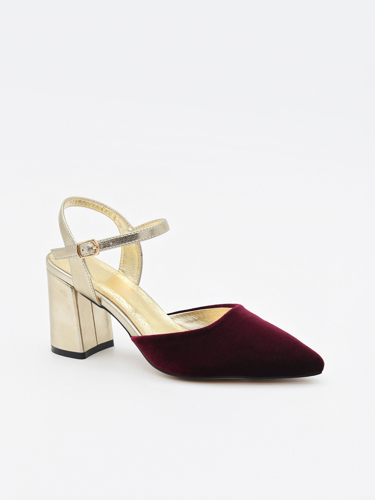 Zapato de Terciopelo Burdeos con Tacón Dorado y correa