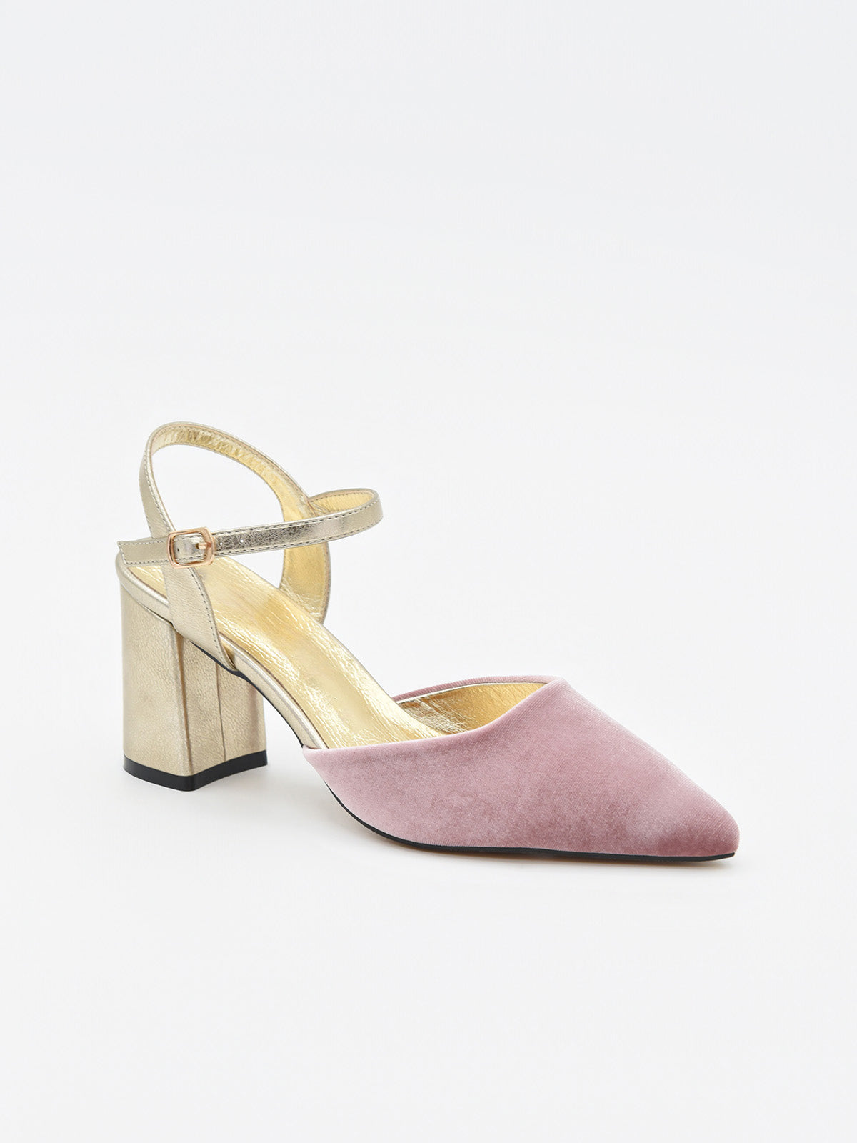Zapato de Terciopelo Rosa con Tacón Dorado y correa