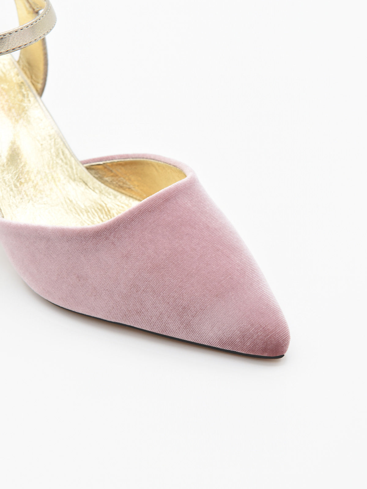 Zapato de Terciopelo Rosa con Tacón Dorado y correa
