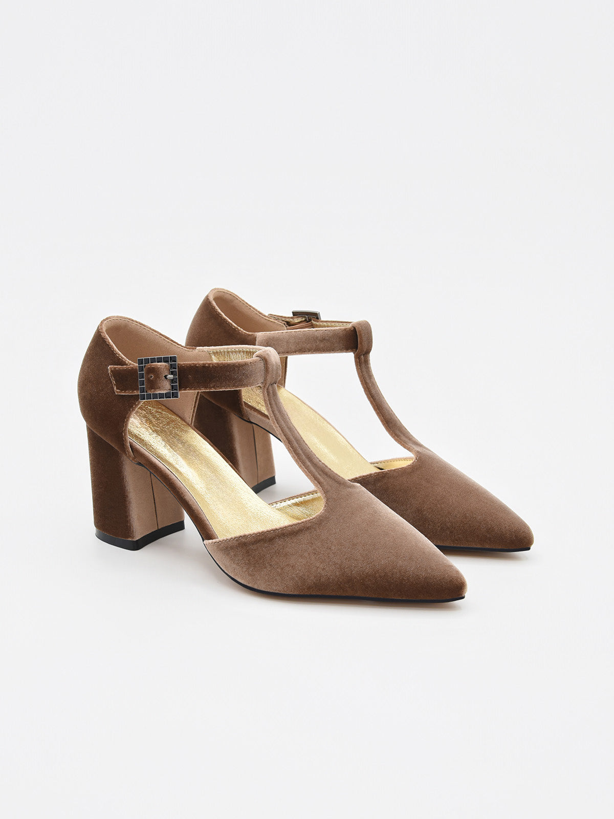 Zapato Elegante de Terciopelo Taupe con tira en el empeine