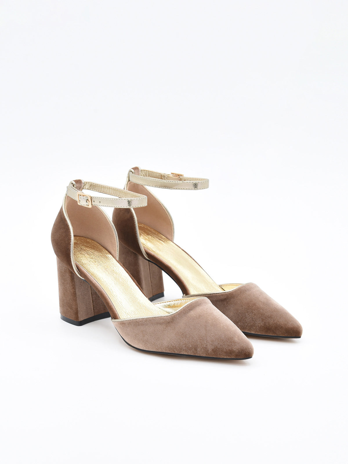 Zapato de Terciopelo Taupe con Ribete Dorado