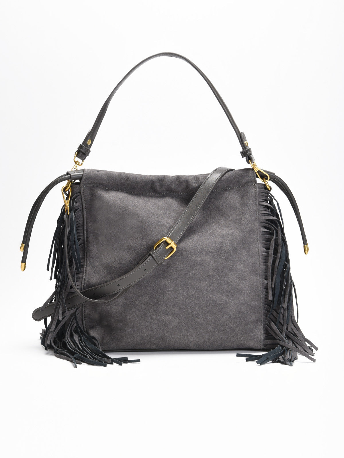 Bolso gris con flecos