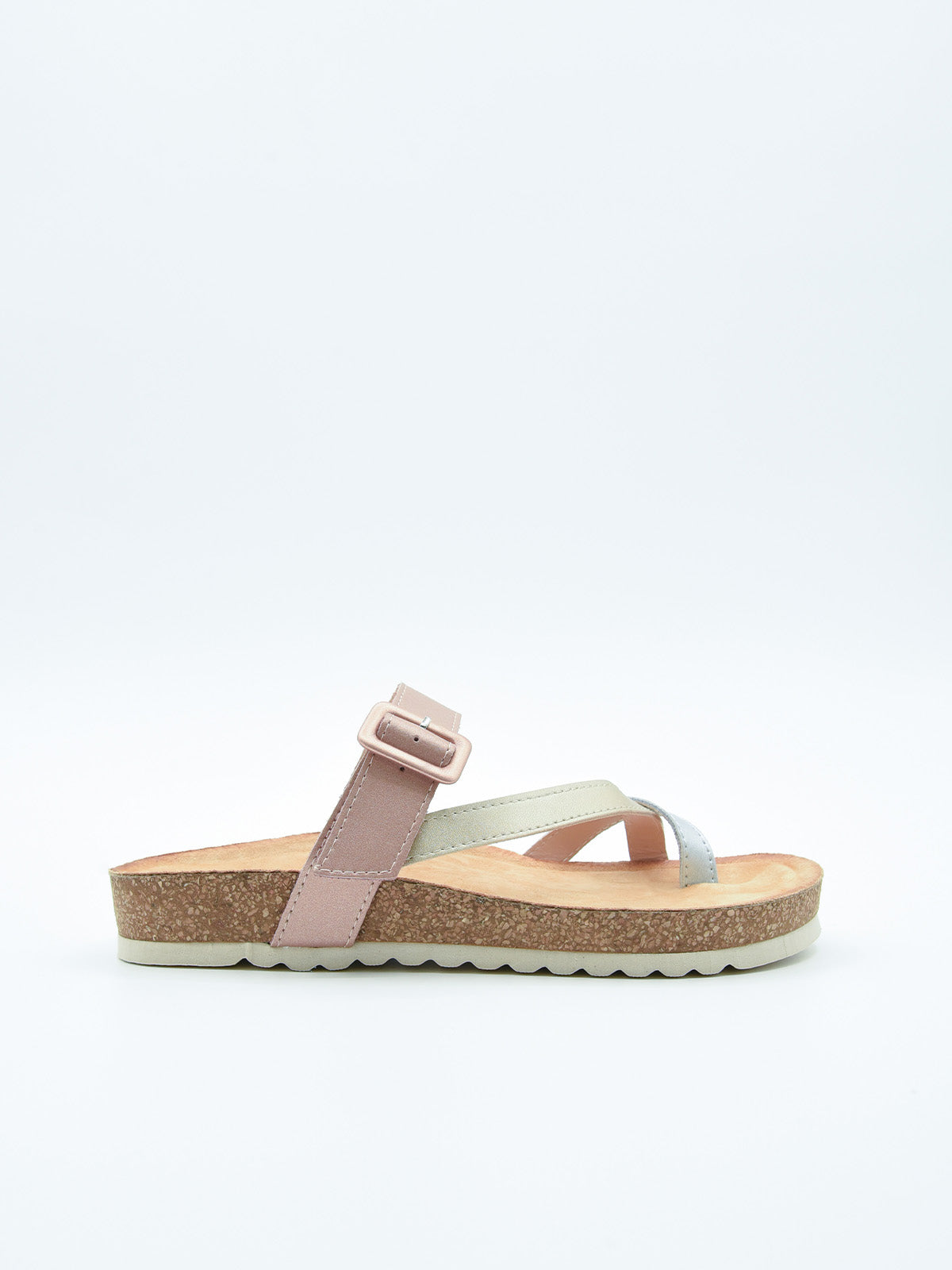 Sandalia multicolor de cuero con corcho natural y diseño ergonómico.